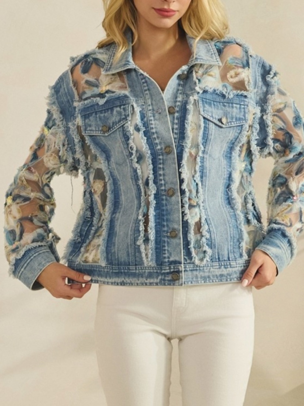 Western Floral Lace Appliqué Semi Sheer Button Down Frayed Jacket - Picture 3 of 13